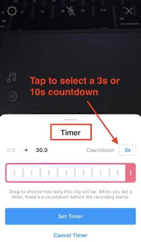 Captura de pantalla que muestra la función de temporizador dentro de Instagram Reels